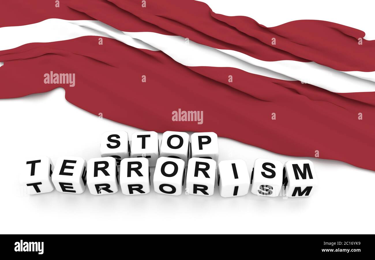 Lettische Flagge und Text stoppen den Terrorismus. Stockfoto