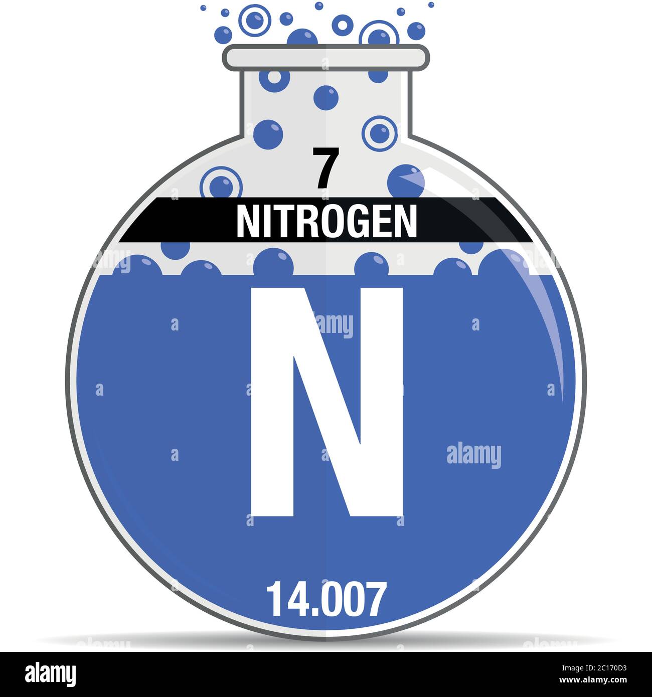 Stickstoffsymbol auf dem runden Kolben. Element Nummer 7 des Periodensystems der Elemente - Chemie. Vektorbild Stock Vektor