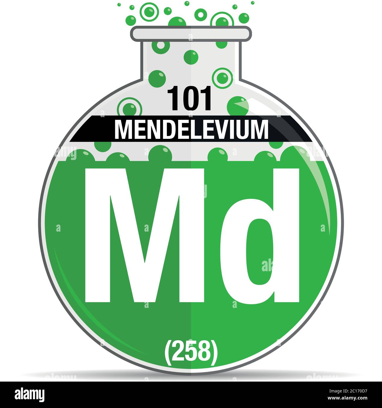 Mendelevium-Symbol auf chemischem Rundkolben. Elementnummer 101 des Periodensystems der Elemente - Chemie. Vektorbild Stock Vektor