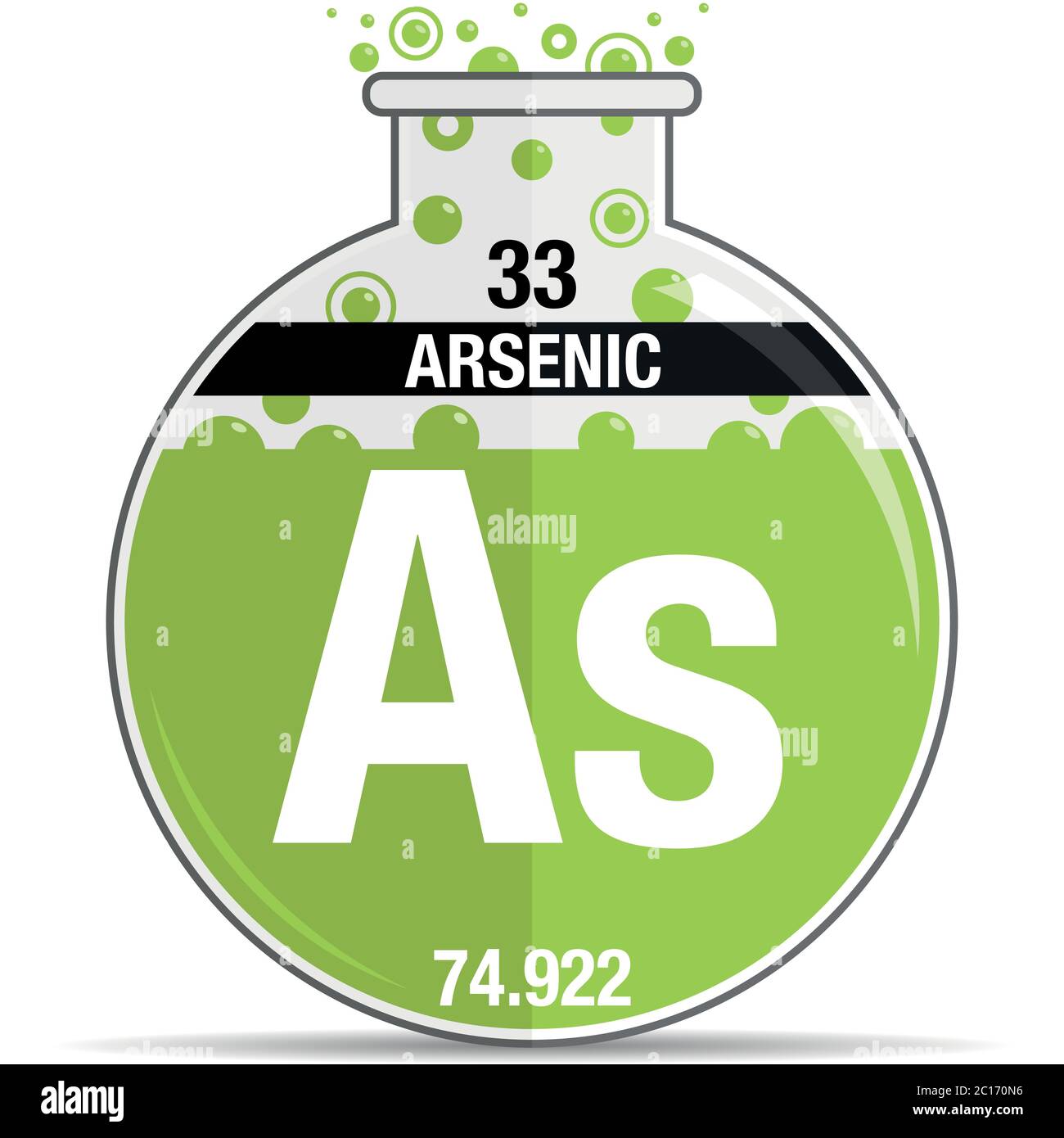 Arsen-Symbol auf chemischem Rundkolben. Elementnummer 33 des Periodensystems der Elemente - Chemie. Vektorbild Stock Vektor