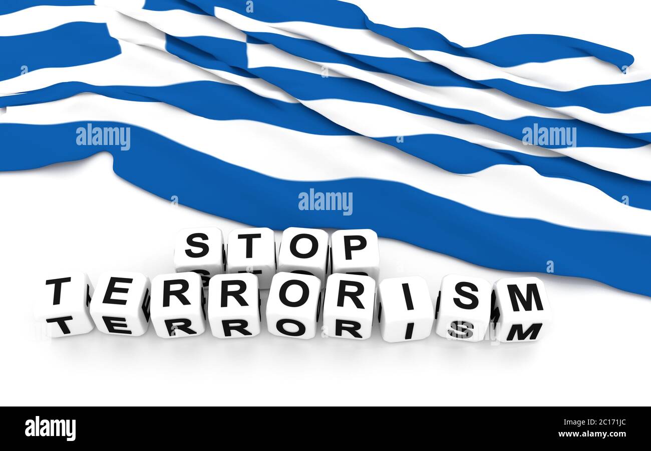 Griechische Flagge und Text stoppen den Terrorismus. Stockfoto