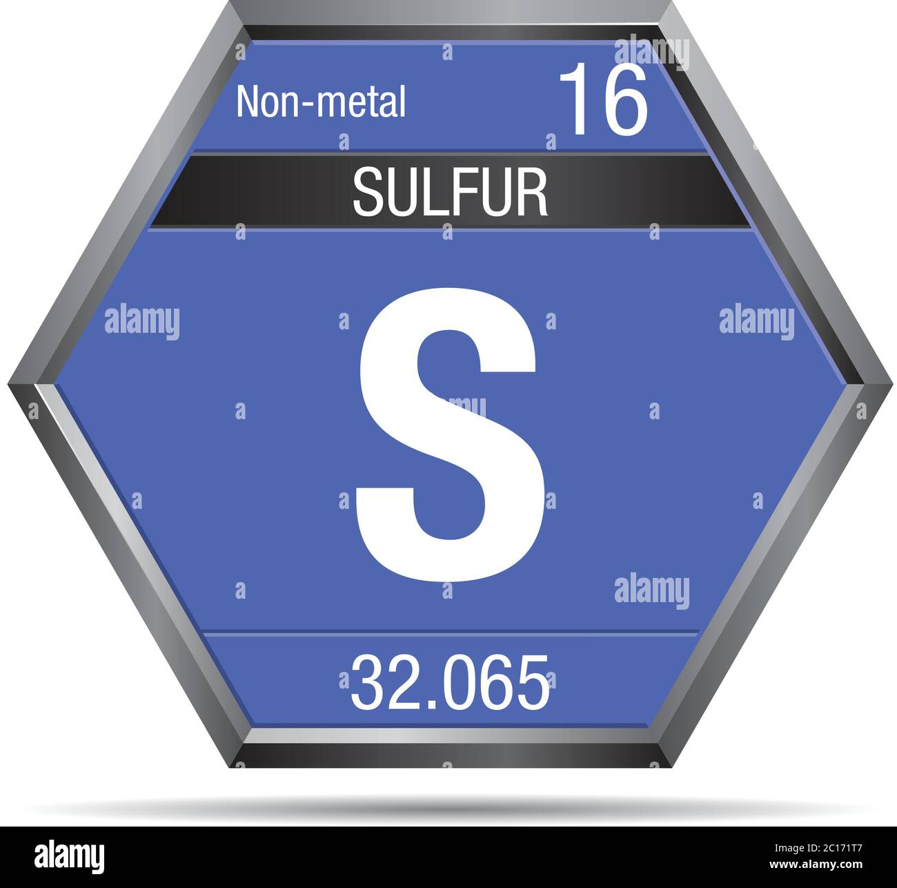 Schwefelsymbol in Form eines Sechsecks mit einem metallischen Rahmen. Elementnummer 16 des Periodensystems der Elemente - Chemie Stock Vektor