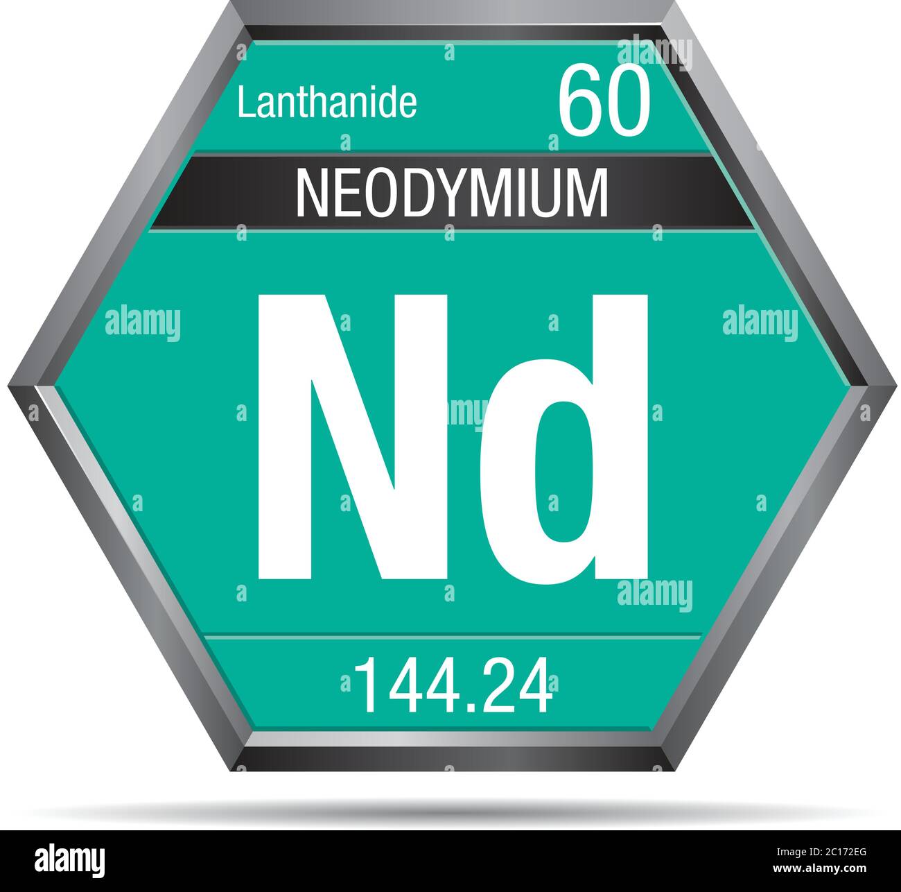 NeodymSymbol in Form eines Sechsecks mit Metallrahmen. Elementnummer