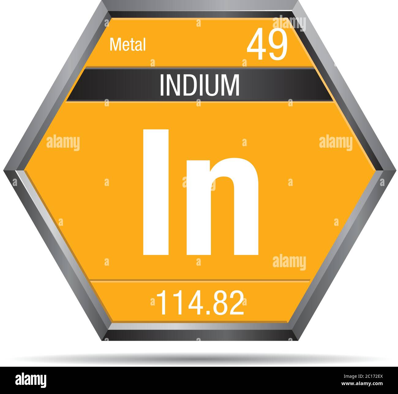 Indium-Symbol in Form eines Sechsecks mit Metallrahmen. Elementnummer 49 des Periodensystems der Elemente - Chemie Stock Vektor