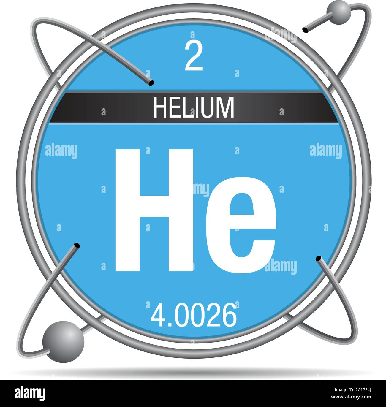 Helium-Symbol in einem Metallring mit farbigem Hintergrund und Kugeln umkreisen. Element Nummer 2 des Periodensystems der Elemente Stock Vektor