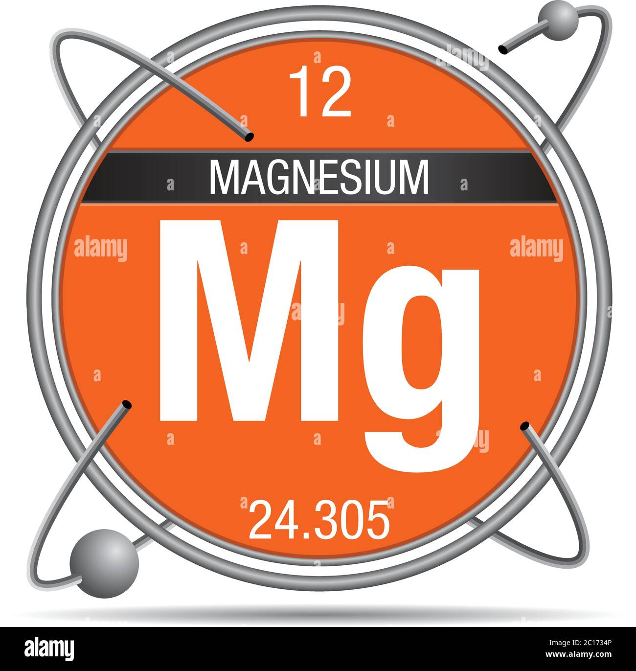 Magnesium-Symbol in einem Metallring mit farbigem Hintergrund und Kugeln umkreisen. Elementnummer 12 des Periodensystems der Elemente Stock Vektor