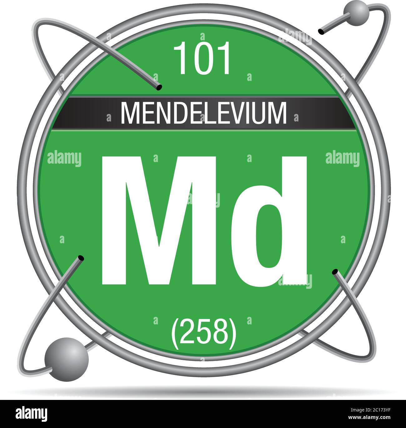 Mendelevium Symbol in einem Metallring mit farbigem Hintergrund und Kugeln umkreisen. Elementnummer 101 des Periodensystems der Elemente Stock Vektor