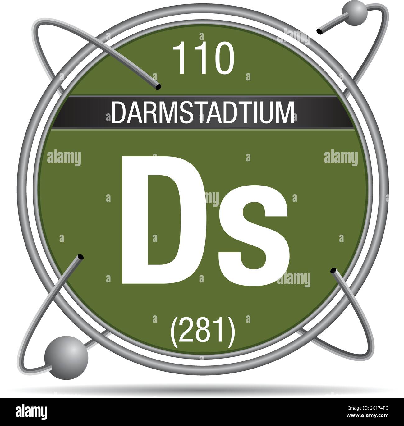 Darmstadtium Symbol in einem Metallring mit farbigem Hintergrund und Kugeln umkreisen. Elementnummer 110 des Periodensystems der Elemente Stock Vektor