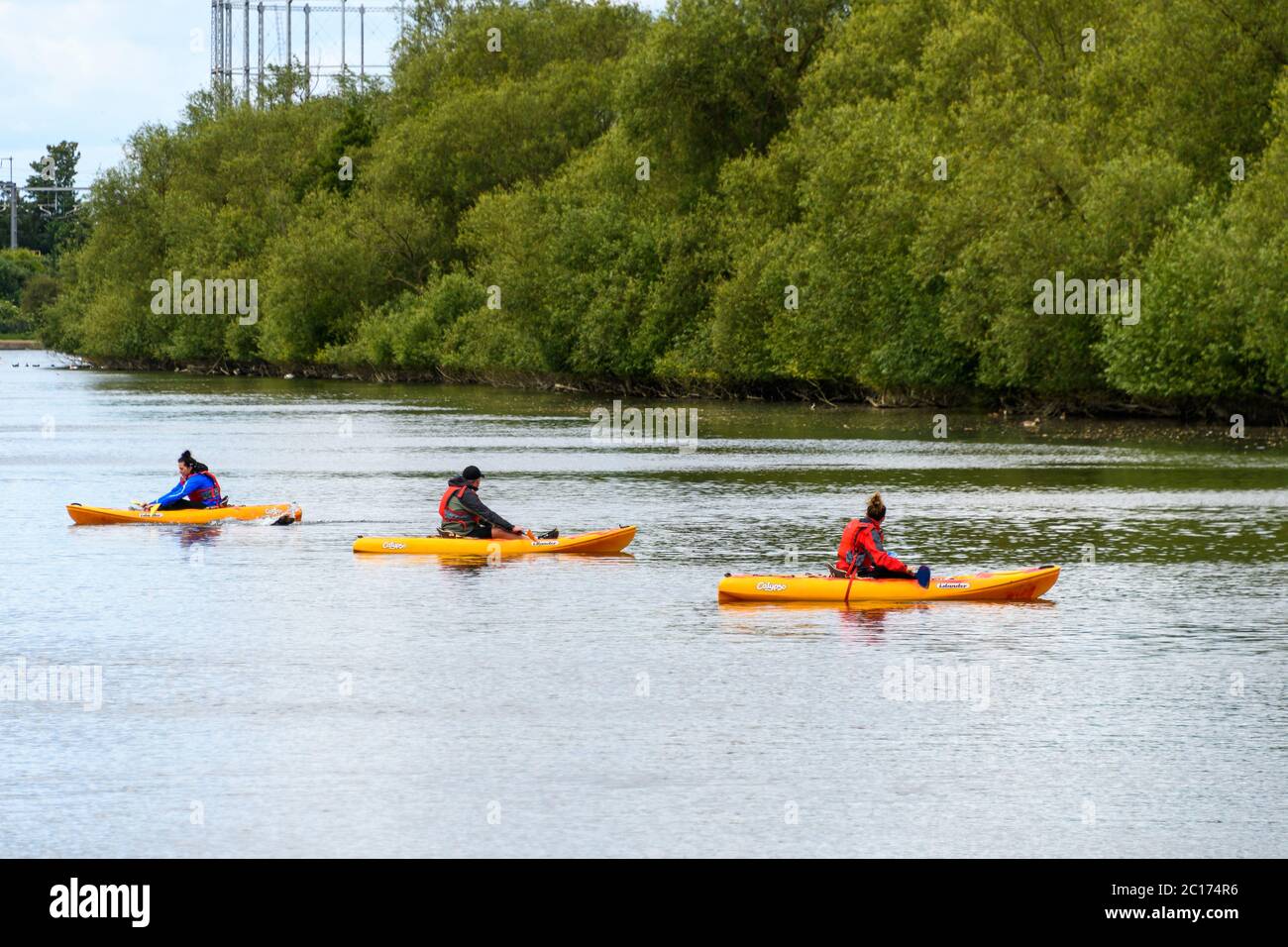 Reading, Vereinigtes Königreich - Juni 05 2020: Drei Kanufahrer auf dem Wasser der Themse vor dem Thames Valley Park Drive Stockfoto