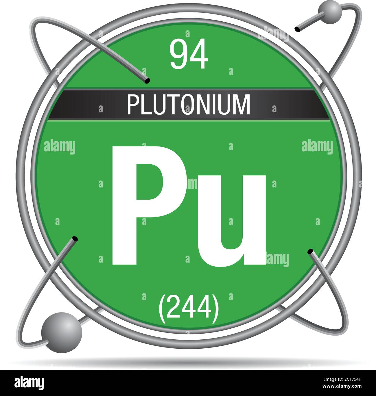 Plutonium-Symbol in einem Metallring mit farbigem Hintergrund und Kugeln umkreisen. Elementnummer 94 des Periodensystems der Elemente Stock Vektor