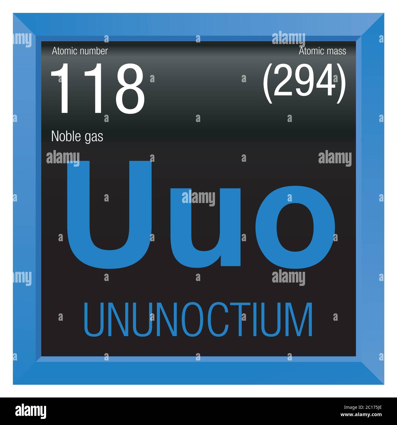 Unoctium-Symbol. Elementnummer 118 des Periodensystems der Elemente - Chemie - Blauer quadratischer Rahmen mit schwarzem Hintergrund Stock Vektor