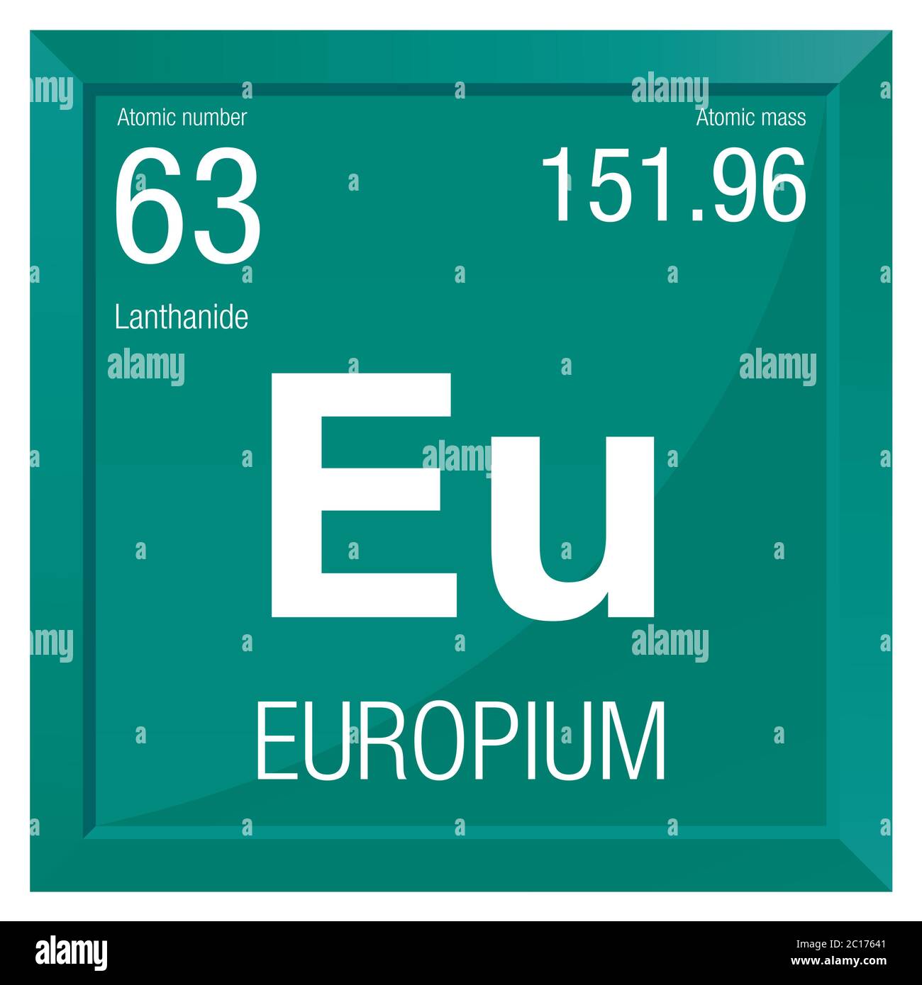 Europium-Symbol. Elementnummer 63 des Periodensystems der Elemente - Chemie - Rechter Rahmen mit grünem Hintergrund Stock Vektor