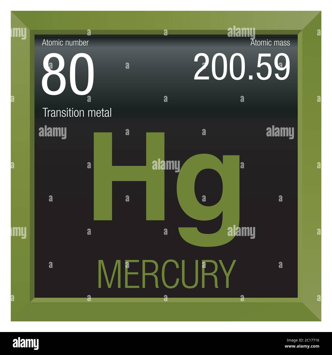 Merkur-Symbol. Elementnummer 80 des Periodensystems der Elemente - Chemie - Grüner quadratischer Rahmen mit schwarzem Hintergrund Stock Vektor