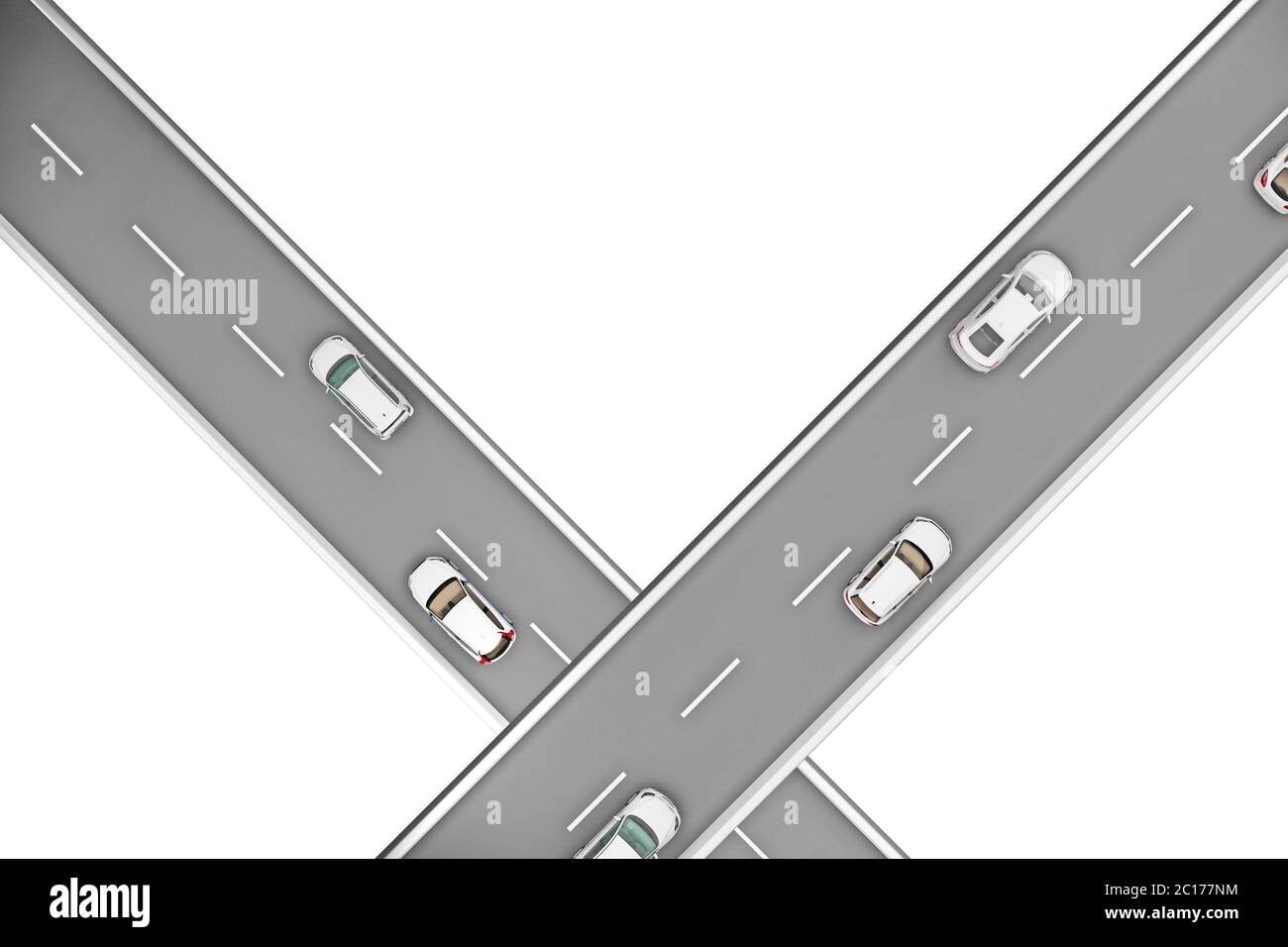 Zwei Straßen mit Autos im rechten Winkel in unterschiedlichen Höhen. 3D-Rendering Stockfoto