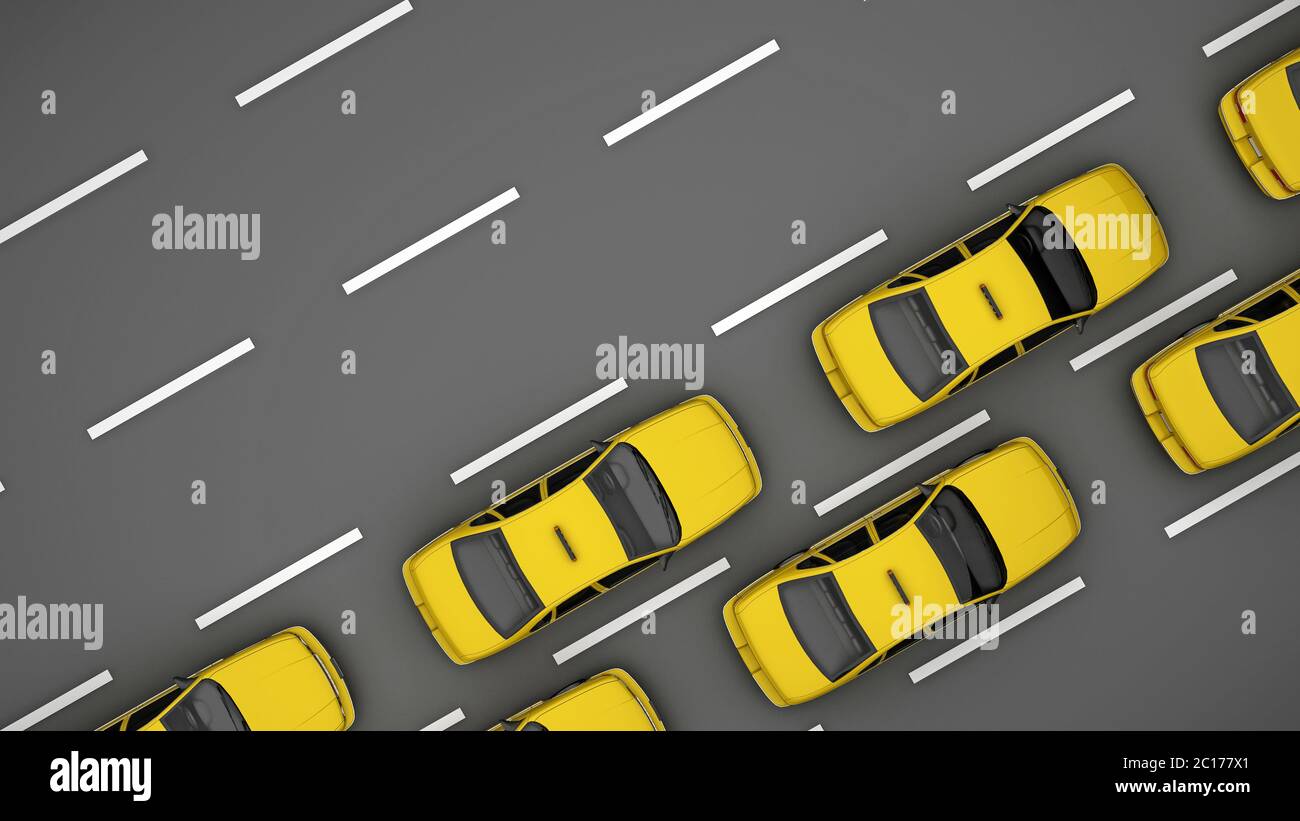 Reihen von gelben Taxiwagen Draufsicht. 3d-Rendering Stockfoto