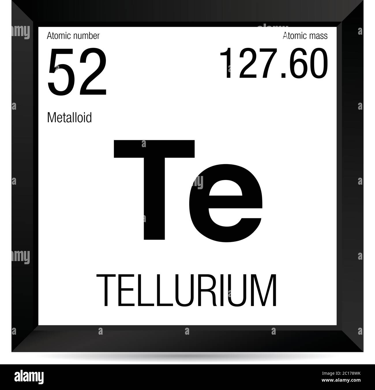 Tellurium-Symbol. Elementnummer 52 des Periodensystems der Elemente - Chemie - Schwarzer quadratischer Rahmen mit weißem Hintergrund Stock Vektor