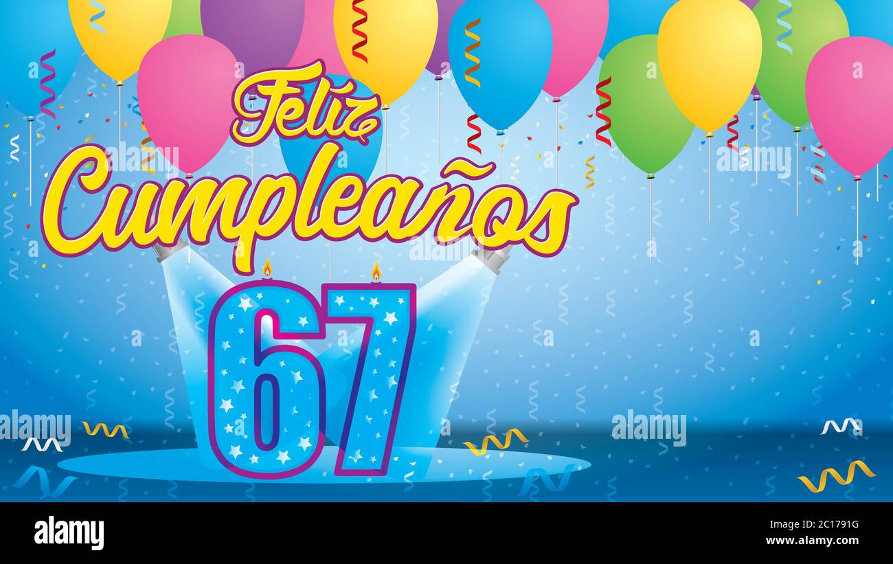 Feliz Cumpleanos 67 - Grußkarte. Kerze in Form einer Zahl, die von Reflektoren in einem Raum mit Ballons mit Streamer schwebend angezündet wird Stock Vektor