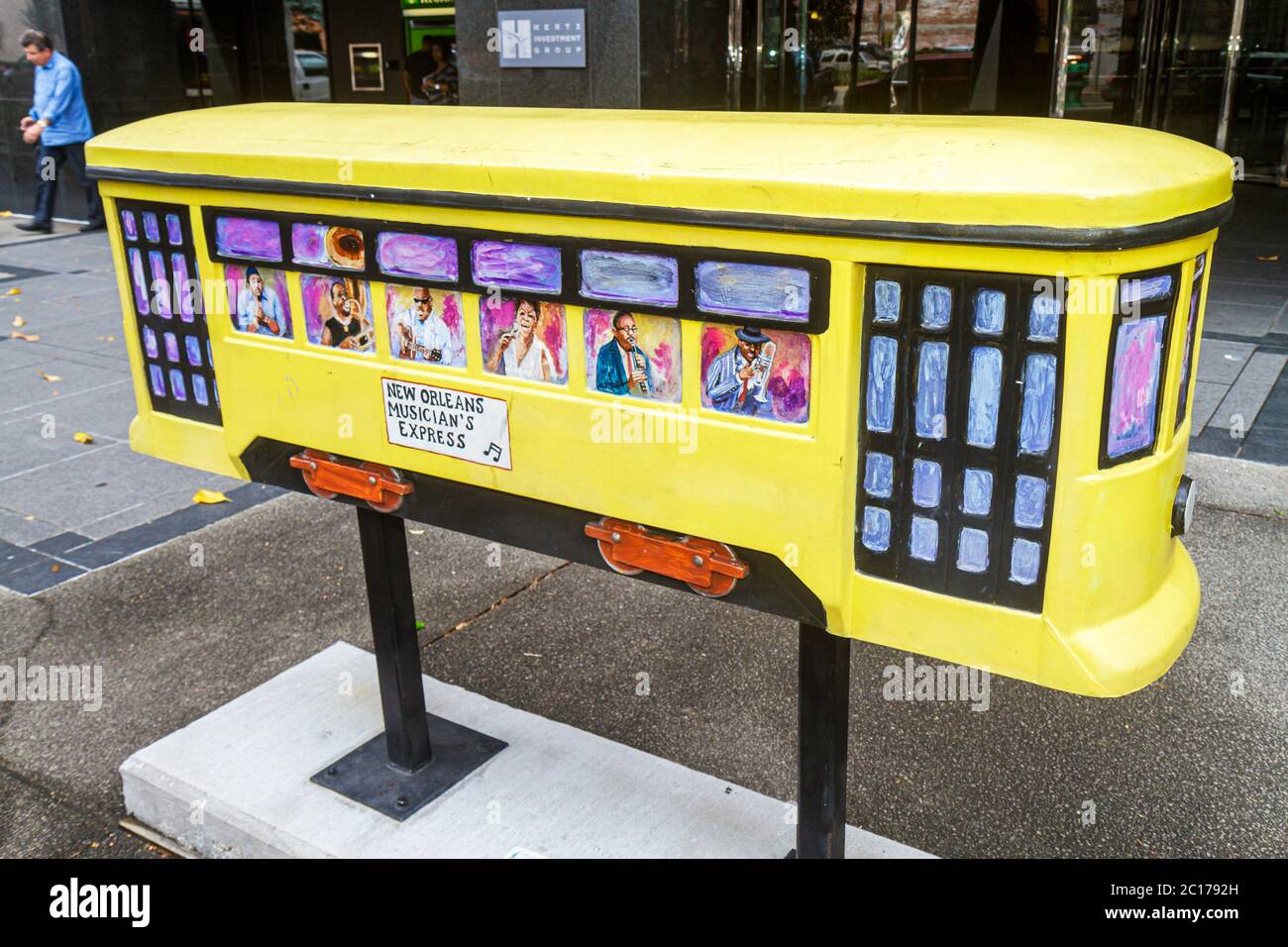 New Orleans Louisiana, Poydras Street, öffentliche Kunst, Streetcar namens Inspire Project, bemalte Fiberglas-Skulptur, New Orleans Musician's Express, Jazz, Musik Stockfoto