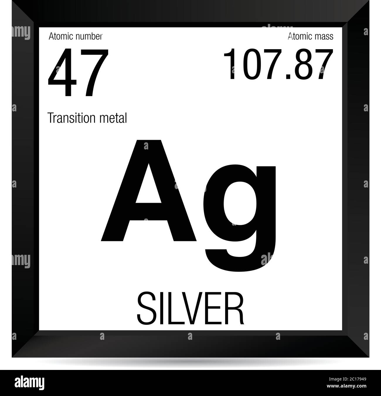 Silbernes Symbol. Elementnummer 47 des Periodensystems der Elemente - Chemie - Schwarzer quadratischer Rahmen mit weißem Hintergrund Stock Vektor