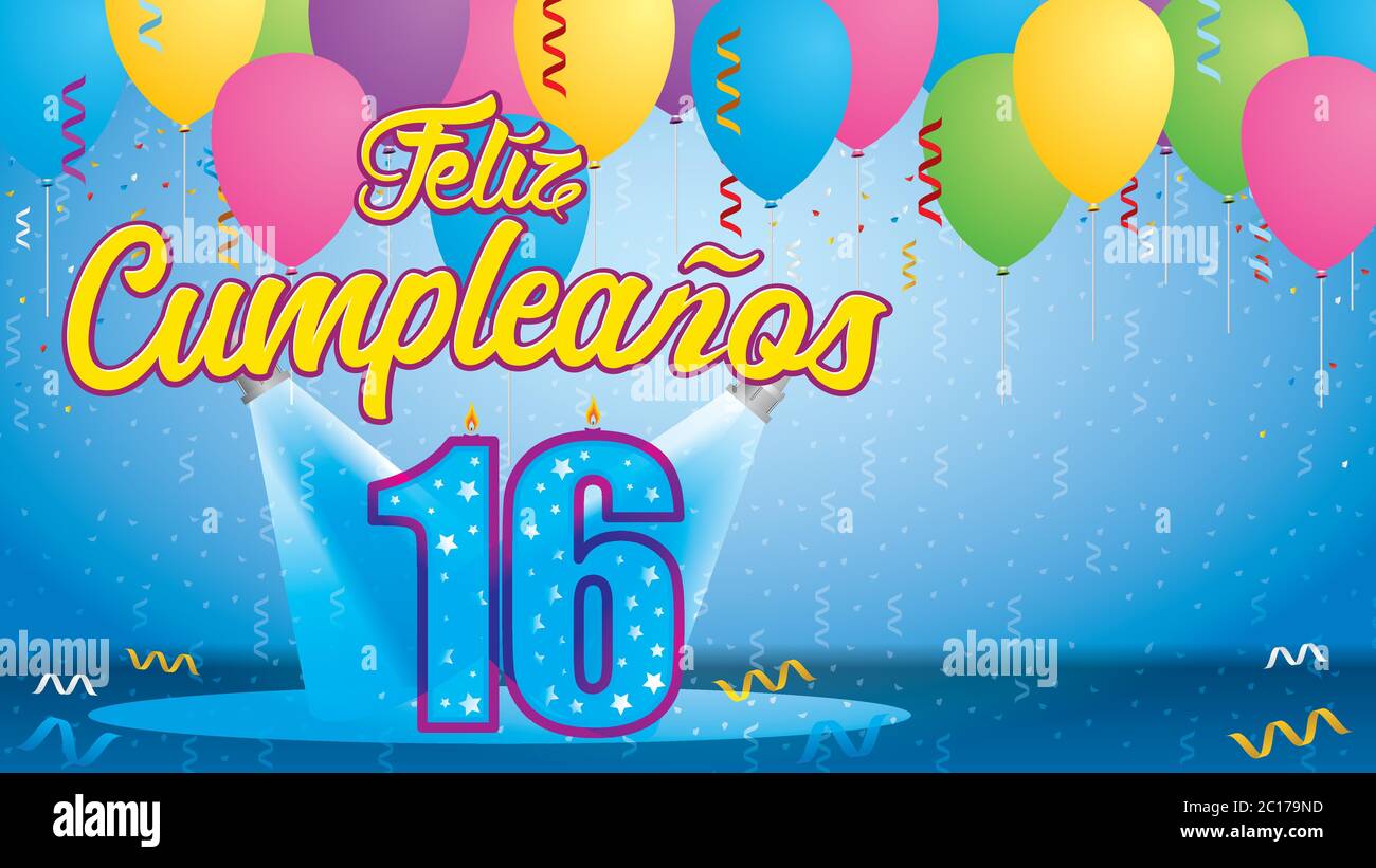 Feliz Cumpleanos 16 - Grußkarte. Kerze in Form einer Zahl, die von Reflektoren in einem Raum mit Ballons mit Streamer schwebend angezündet wird Stock Vektor
