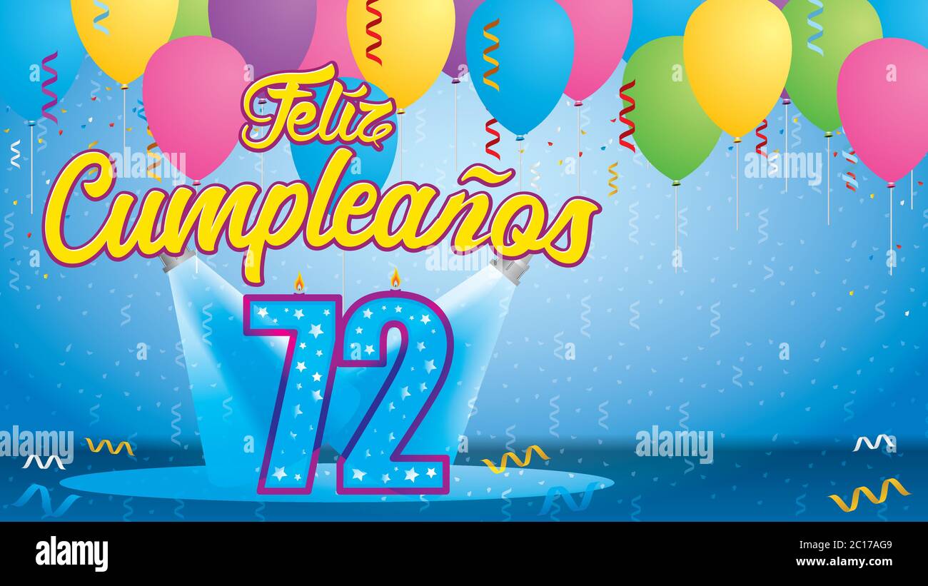 Feliz Cumpleanos 72 - Grußkarte. Kerze in Form einer Zahl, die von Reflektoren in einem Raum mit Ballons mit Streamer schwebend angezündet wird Stock Vektor