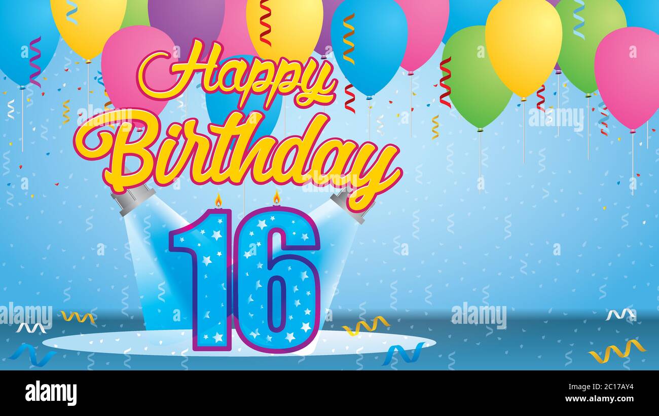 Happy Birthday 16 Grußkarte. Kerze in Form einer Zahl angezündet, die von zwei Reflektoren in einem Raum mit Ballons, die mit Streamern schweben, angezündet wird Stock Vektor