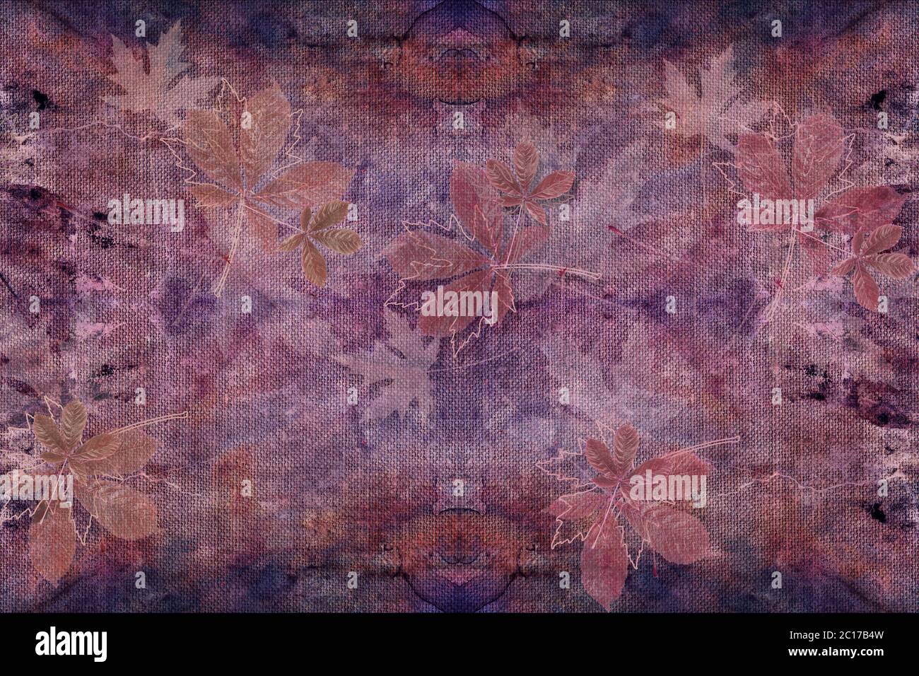 3d Hintergrund, Ahornblätter auf Stoff Leinwand Textur. Denim-Farbe Stockfoto