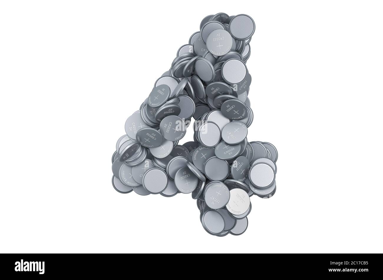 Nummer 4 aus Knopfzellen, 3D-Rendering isoliert auf weißem Hintergrund Stockfoto