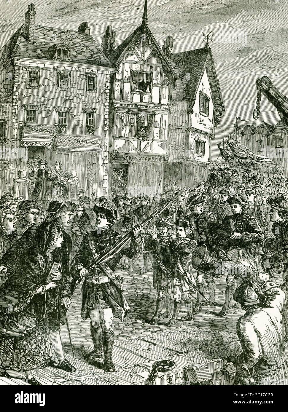 Diese Abbildung zeigt britische Truppen in Boston während der Zeit vor der amerikanischen Revolution (1775-1783). Stockfoto