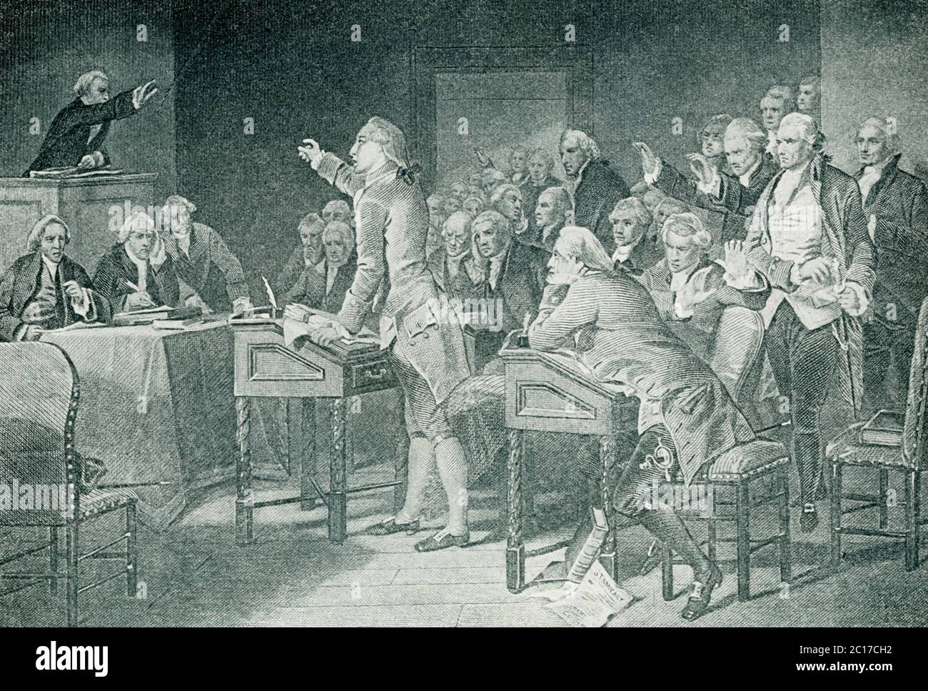 Hier in dieser Abbildung ist Patrick Henry in der Rede der Virginia Convention. Patrick Henry (1736–1799) war ein amerikanischer Patriot und Redner. Er hat durch seine Reden den kolonialen Aufstand im Süden gefördert und ist bekannt für seine Worte: "Gib mir Freiheit oder gib mir den Tod!" Stockfoto