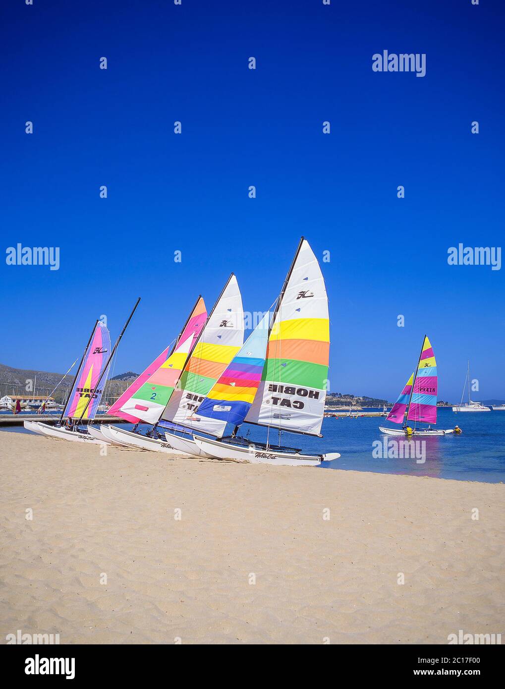 Hobie Cat Katamarane am Strand, Puerto Pollensa (Port de Pollenca), Pollenca Gemeinde, Mallorca (Mallorca), Balearen, Spanien Stockfoto