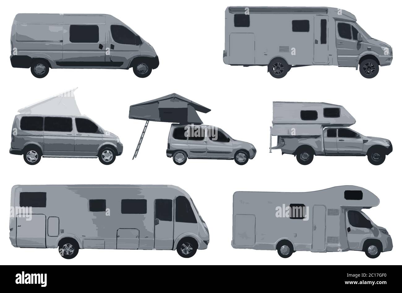Eine Illustration der verschiedenen Reisemobile und Wohnwagen Stockfoto