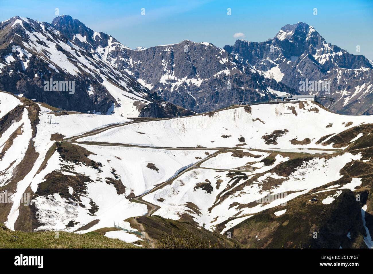 Fellhorn, Allgäuer Alpen, Bergstation, Grenze Österreich Deutschland, Mai Stockfoto