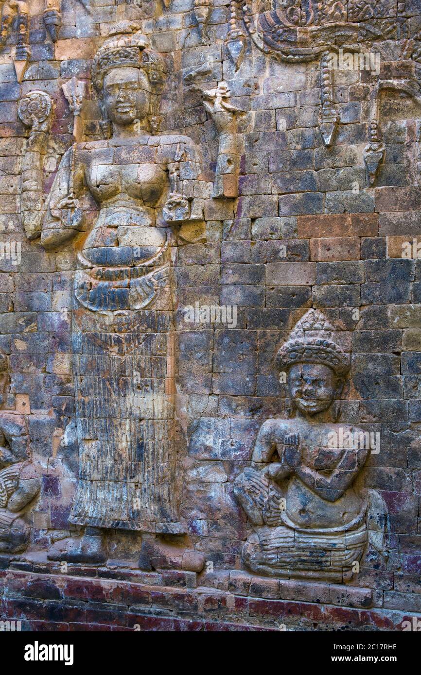 Kambodscha. Siem Reap. Geschnitzte Steinmuster auf Tempelmauern Banteay Srey (Xth Jahrhundert) Stockfoto