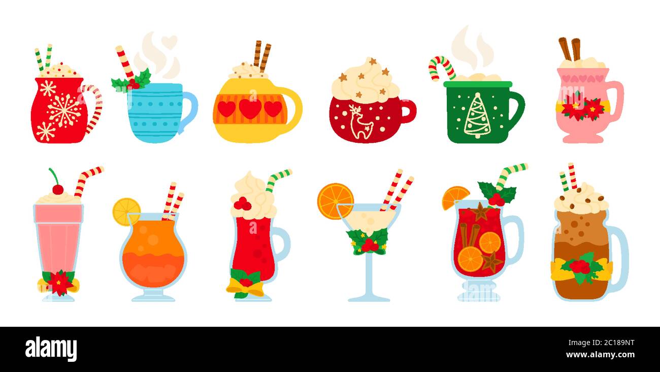 Weihnachts-Set mit heißen Getränken. Flat Cartoon verschiedene Getränke. Urlaub niedlichen Tassen heißen Kakao, Kaffee, Milch, Sahne und Glühwein. Neujahr Getränke dekoriert Holly und Süßigkeiten. Isolierte Vektordarstellung Stock Vektor