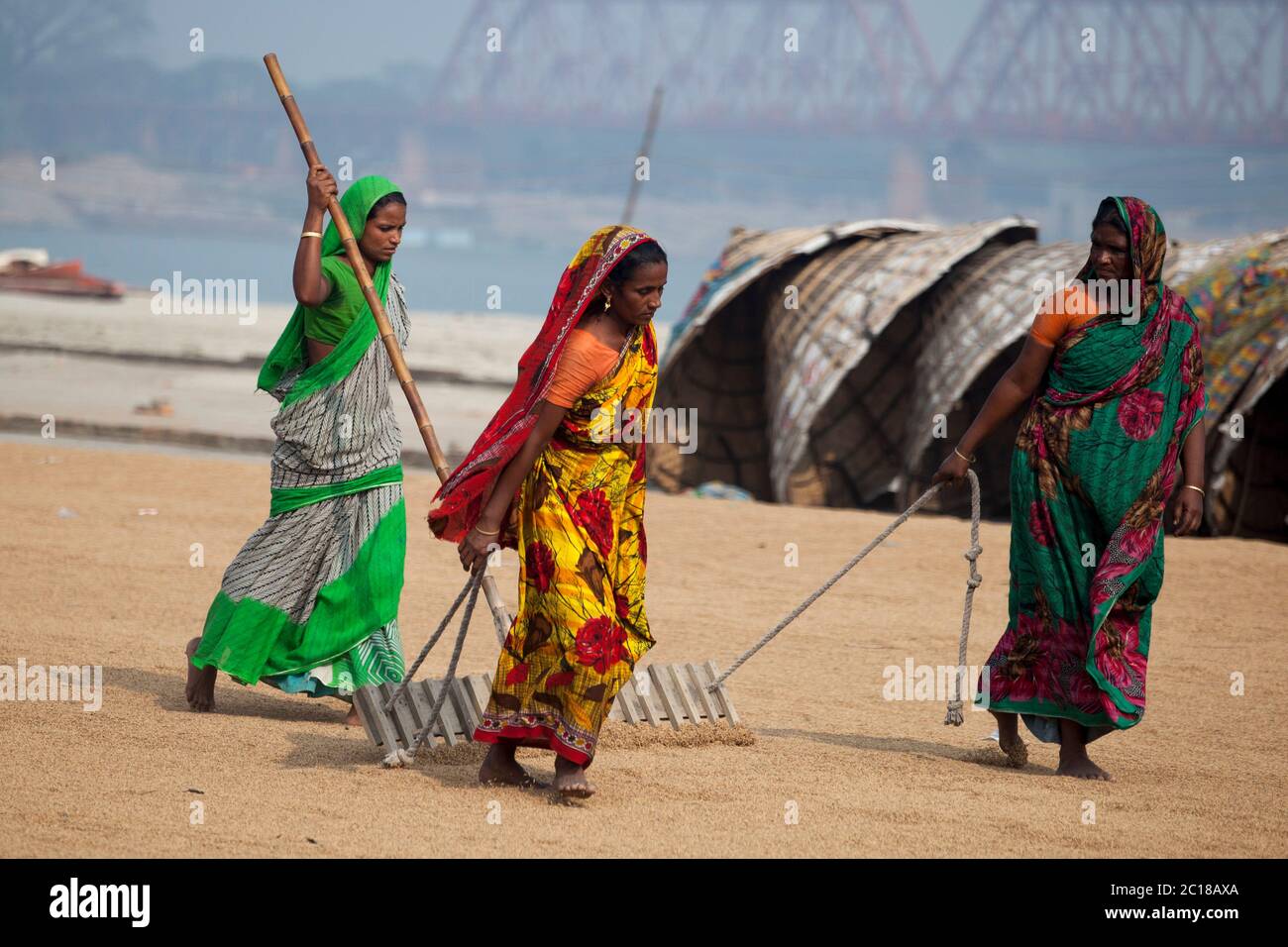 Es gibt viele Kinder und Frauen, die in den Reismühlen von 8 Uhr arbeiten 18 Uhr. Am Abend auf einer täglichen Basis für Kinder 50 Taka (0.65 USD) und Stockfoto