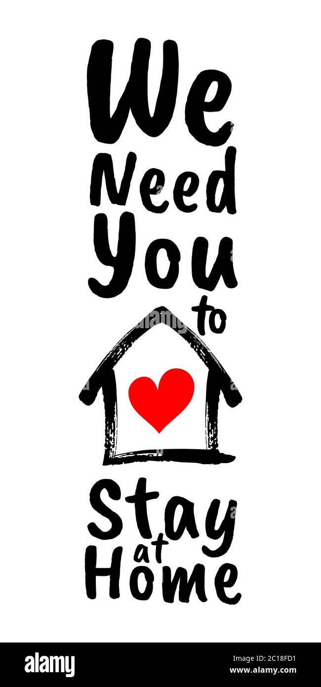 vektordarstellung der Typografie von 'Stay at Home' mit einer Haus- und Herz-Ikone. Geeignet für die Selbstquarantäne-Kampagne und die Verhinderung von COVID-19. Stock Vektor