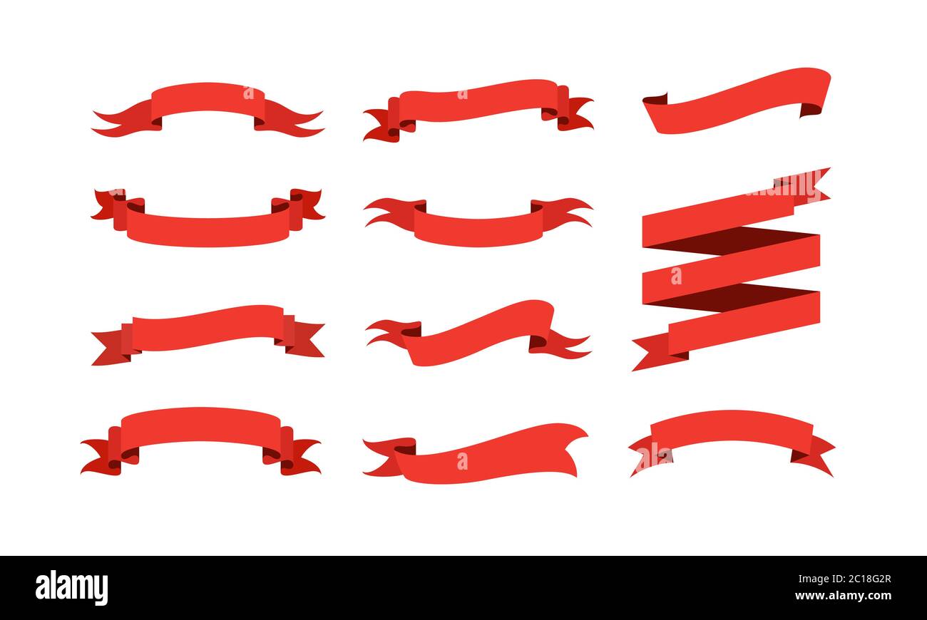 Verschiedene Formen von Bändern und Bannern für Feiern, Grußkarten und Dekorationen. Leeres rotes Vorlagenelement für Farbband. Symbol für Multifunktionsleiste eingestellt. Stock Vektor