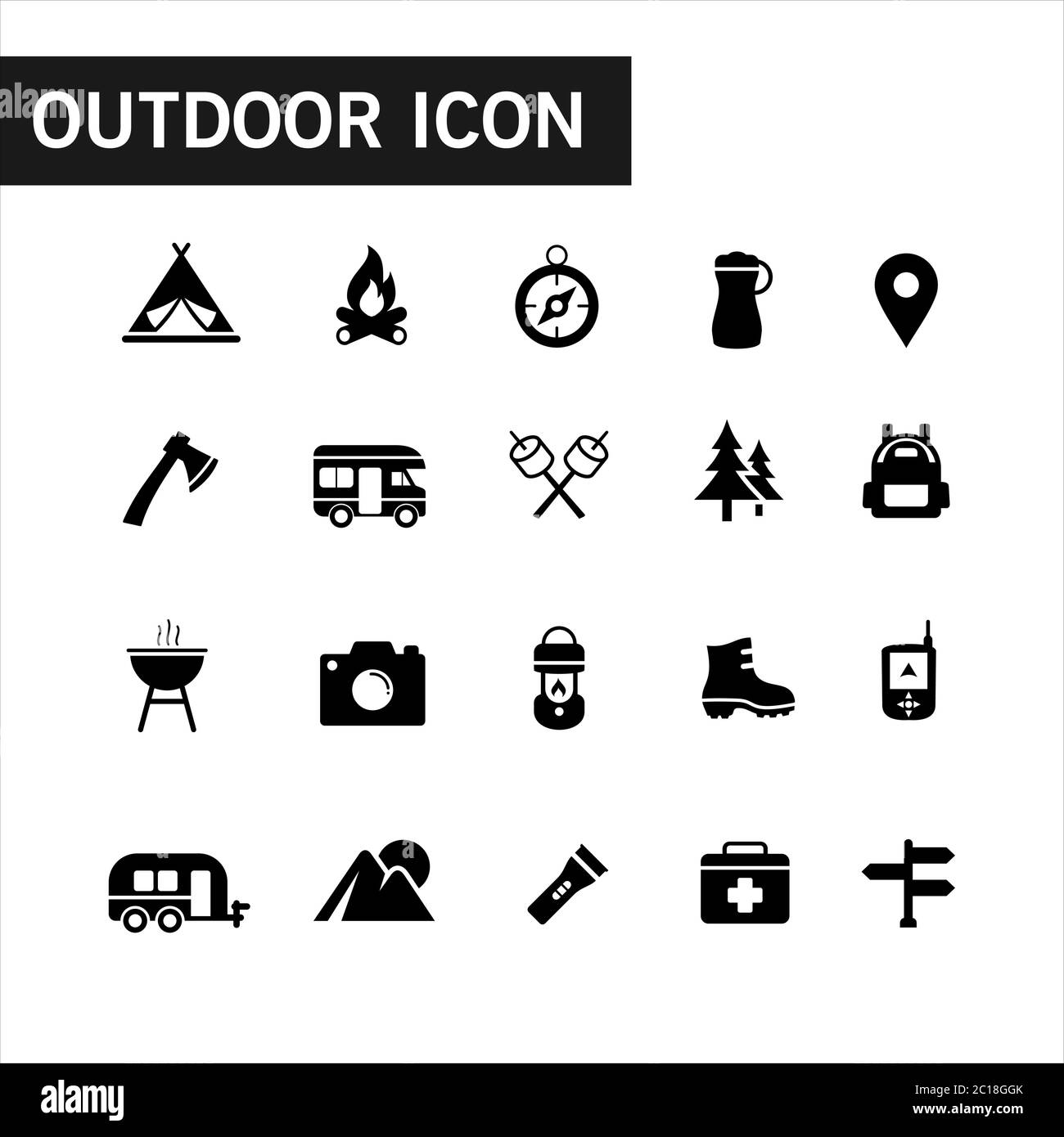 Icon Sammlung von Outdoor-Aktivitäten und Abenteuer in der Natur wie Zelt, Kompasse, Berg-und andere Camping-Ausrüstung. Stock Vektor
