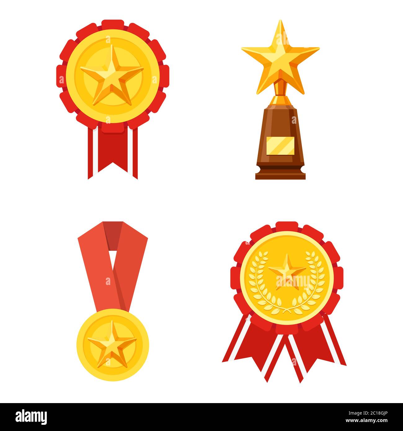 Vektor-Illustration von Medaillen und Trophäen. Geeignet für die Designelemente einer Meisterschaft. Symbole von Medaillen und Trophäen für Sieger Stock Vektor