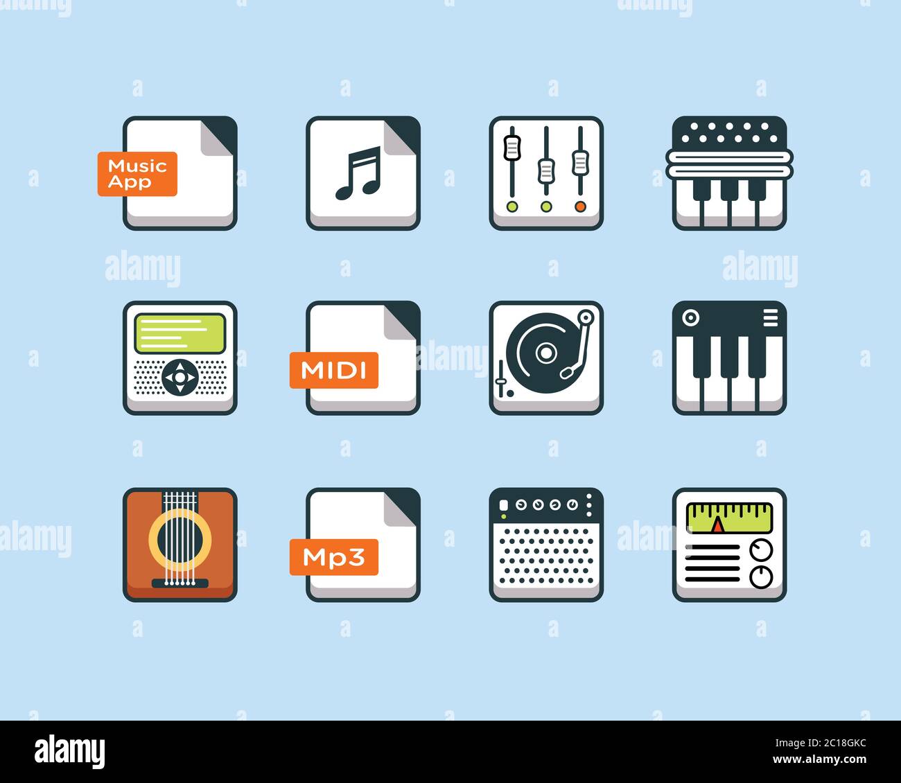 Musik-App-Symbol in abgerundetem quadratischem Kästchen. Geeignet für Design-Element für Musik-Player-Software und App. Sammlung moderner Audio-Player-Technologie. Stock Vektor