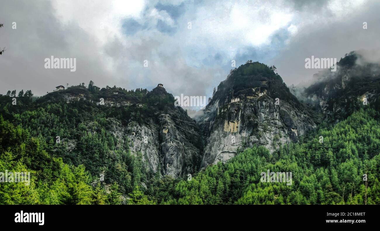 Panorama Paro Tal Taksang lakhang aka Tigress Nest Kloster Bhutan Stockfoto