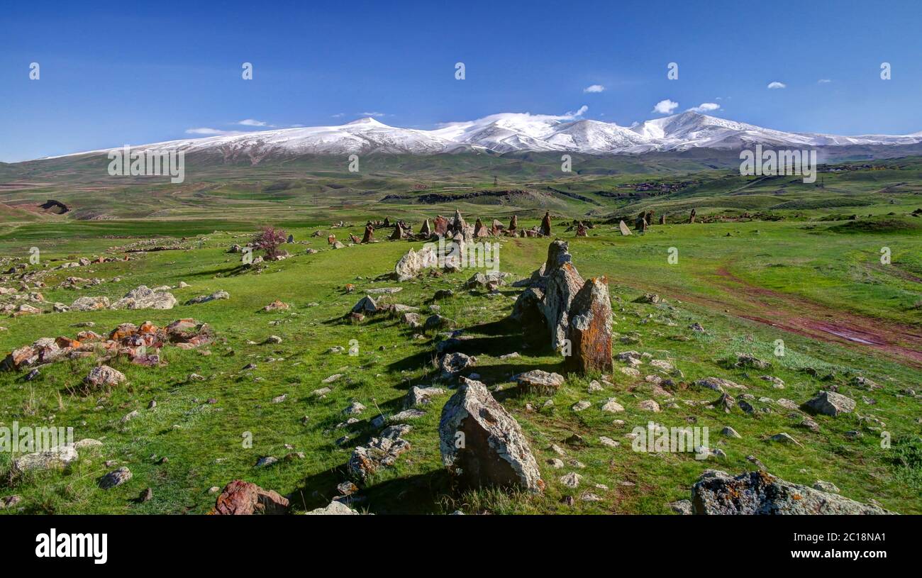 Prähistorische Zorats Karer-Website in der Nähe von Karahunj Dorf, Armenien Stockfoto