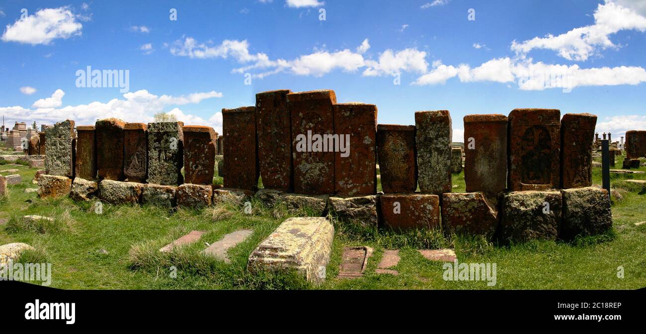 Steinplatten Aha khachkar, Noratus Friedhof, Armenien Stockfoto