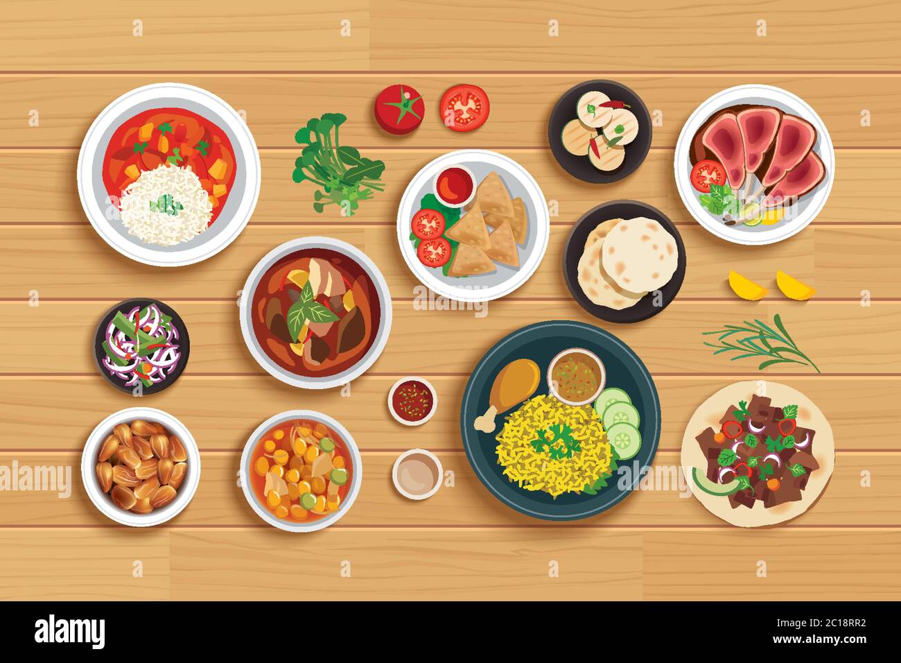 halal Food Set auf der Draufsicht Holztisch Hintergrund. Stock Vektor