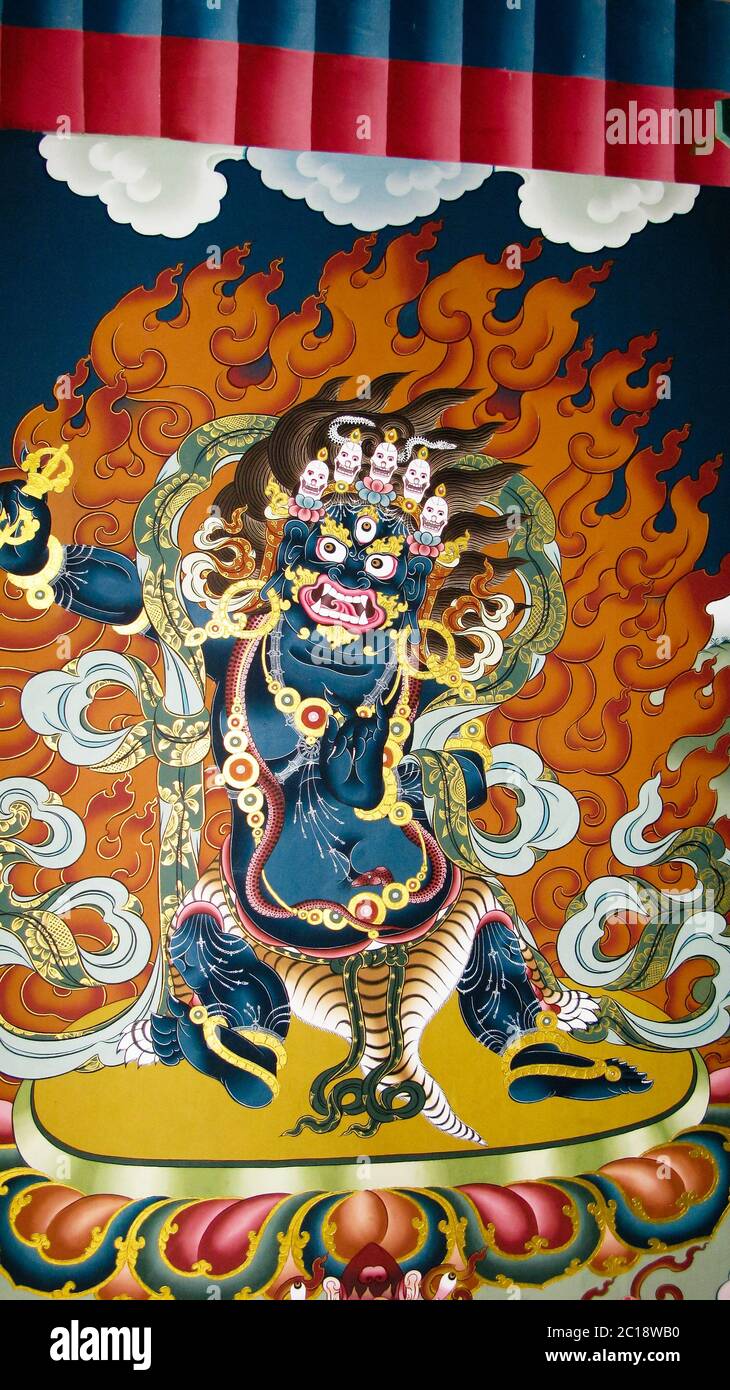 Bild von Padmasambhava aka Guru Rinpoche an der Wand des Taktsang Lakhang Klosters, Paro, Bhutan Stockfoto