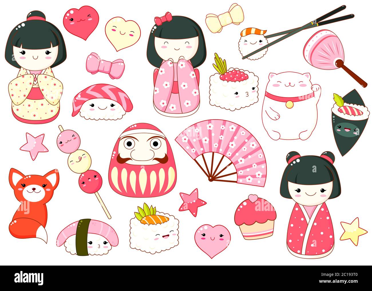 Set von niedlichen Icons im Kawaii-Stil. Japanische traditionelle Spielzeug kokeshi Puppe in Kimono, maneki neko Katze, Daruma-Puppe, Fan, inari Fuchs, Herz, Bogen, Cupcake, Stock Vektor