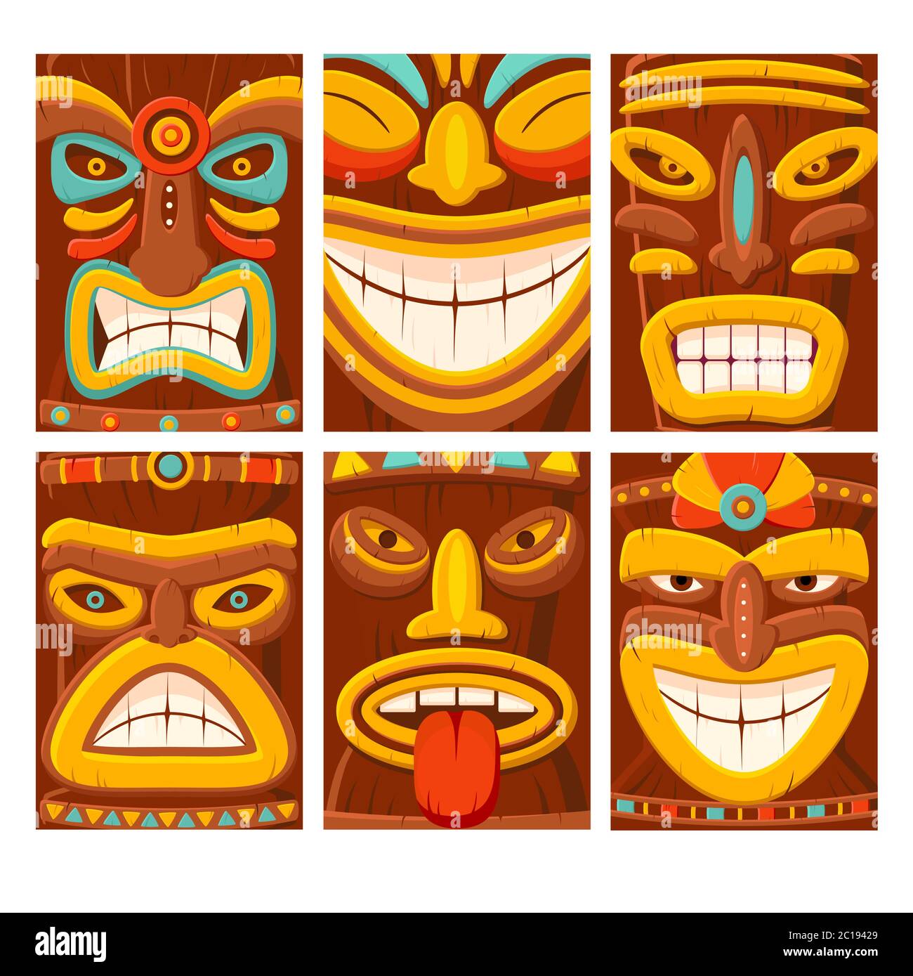 Sammlung von ethnischen Banner, Hintergrund, Flyer, Aufkleber, Plakat. Set von Grußkarte, Dekoration mit hawaiianischer Tiki Maske. Polynesisch oder A Stock Vektor