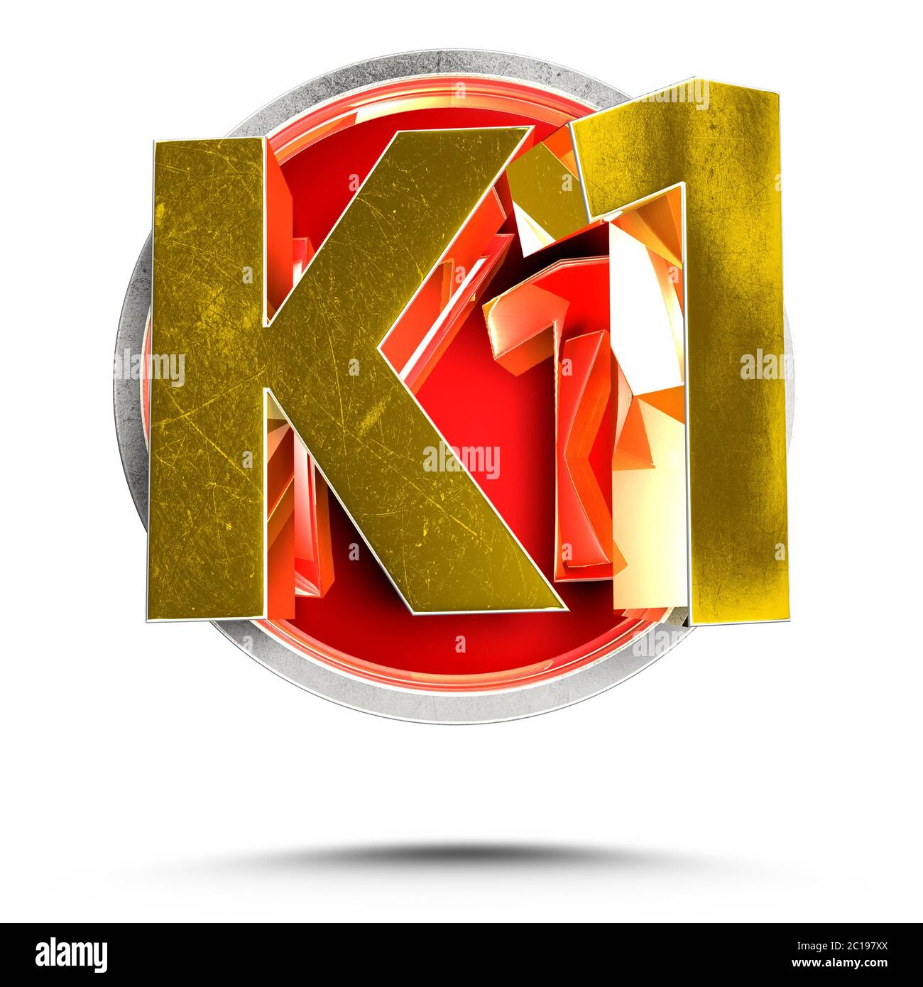 3D-Abbildung k1 schwebt aus dem roten Kreis isoliert auf weißem Hintergrund. (Mit Begrenzungspfad).; Stockfoto