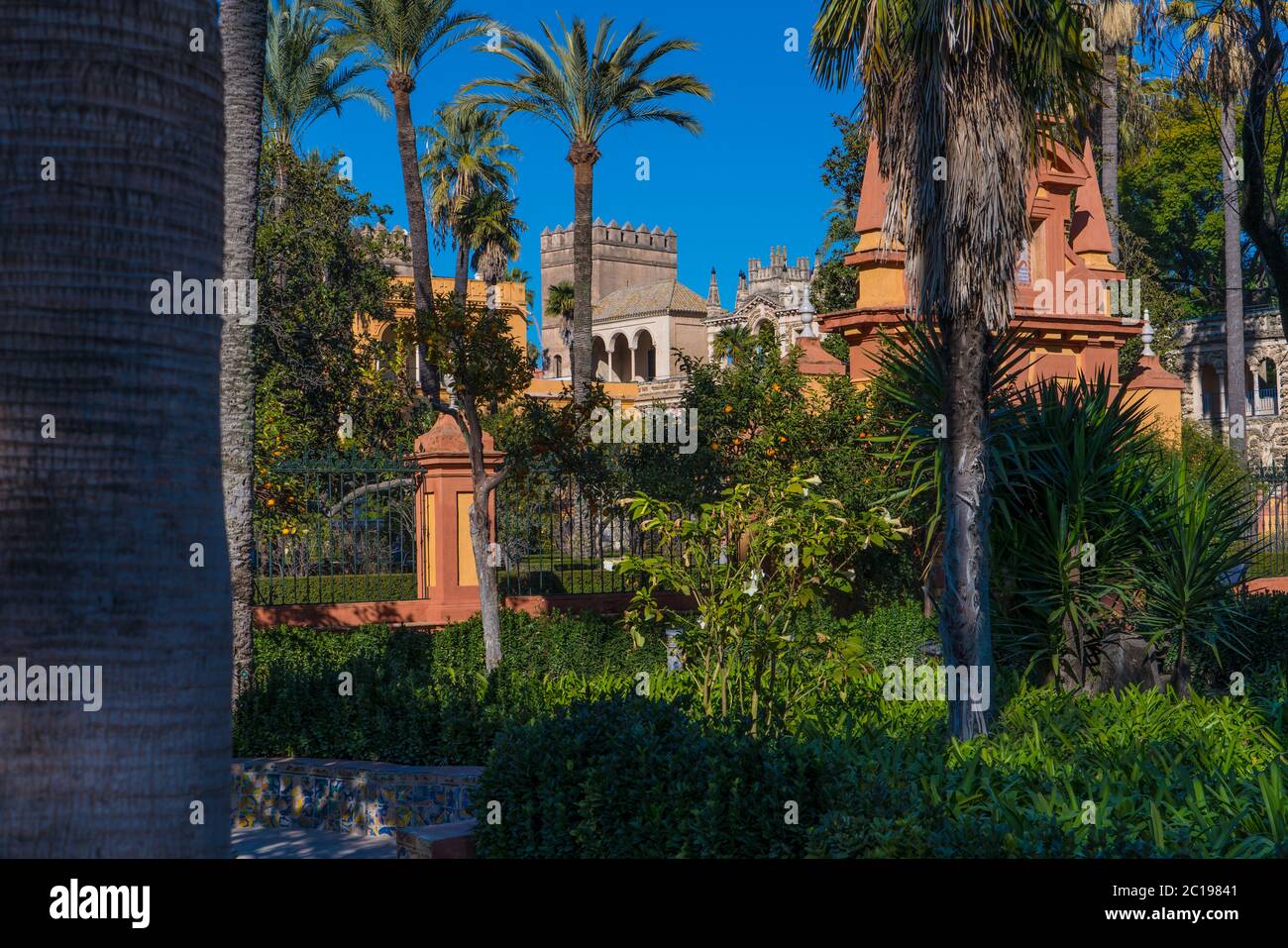 Gärten des Alcazar, Sevilla, Andalusien, Spanien. Stockfoto